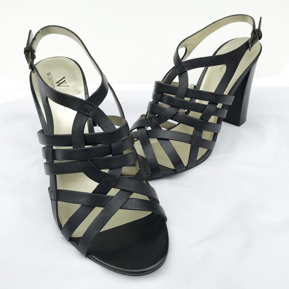 WORTHINGTON Black Leather Woven Scandal Heels EUC 10 M